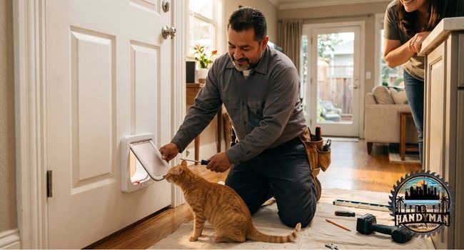 A handyman installing a cat flap in a door while a cat watches nearby
