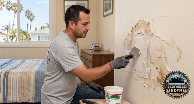 A handyman patching drywall damaged by a pipe leak, applying joint compound over the water-stained area before texture and paint