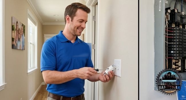 A handyman replacing an electrical outlet on an existing circuit, next to a view of a home electrical panel