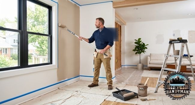 A handyman using a roller on an extension pole to paint a room wall